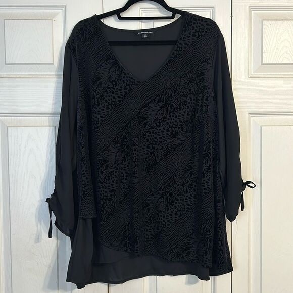 ZAC & RACHEL WOMAN Size 2X Mixed Media Velvet Burnout Black Blouse Office - Picture 1 of 8